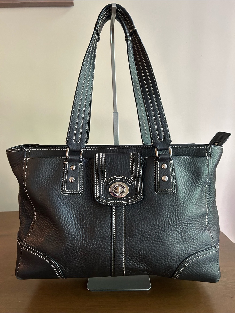 Coach Black Pebbled Leather Shoulder Tote with Silver Turnlock